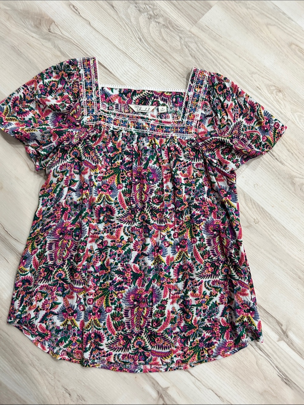Floral Square-Neck Short Sleeve Top in Pink Multi